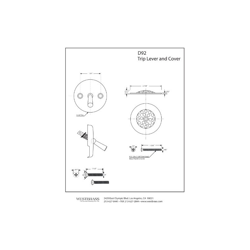 Westbrass Beehive Grid Tub Trim Grate with Trip Lever Faceplate,