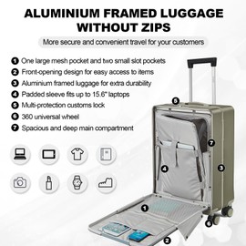 OUZZO Luggage,carry-on luggage,wheeled carry-on luggage,with front opening,TSA approved lock,wheeled carry-on luggage,hardshell suitcase,20-inch suitcase,Sliver