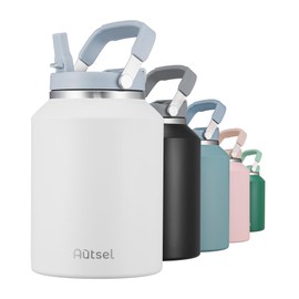 Autsel 2 L Stainless Steel Water Bottle with Handle, 2000 ml Stainless Steel Drinking Bottle, Insulated Sports Bottle, Leak-Proof Metal Keeps Drinks Hot Cold for Camping