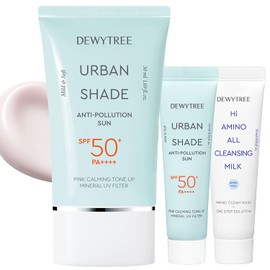 DEWYTREE Urban Shade Anti-Pollution Sun Screen SPF 50+ Pa++++ with Mini Size Sunscreen & Cleansing Milk (0.3oz.+0.3oz.) - Pink Tone Up Sun Protection – Matte Finish Physical Sunscreen, 1.69oz.