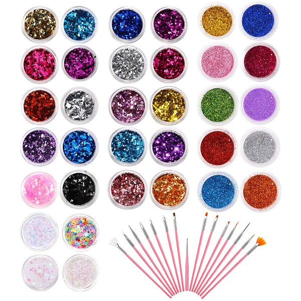 Phogary 34 Glitter Boxes with 15 Pcs Nail Art Brushes Multicolor Glitter Sparkle Nail Art Decoration