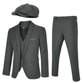 Men's 4 Piece 1920s Suit One Button Vintage Suit,Jacket Vest Pants with Hat(M,Z3727GY)