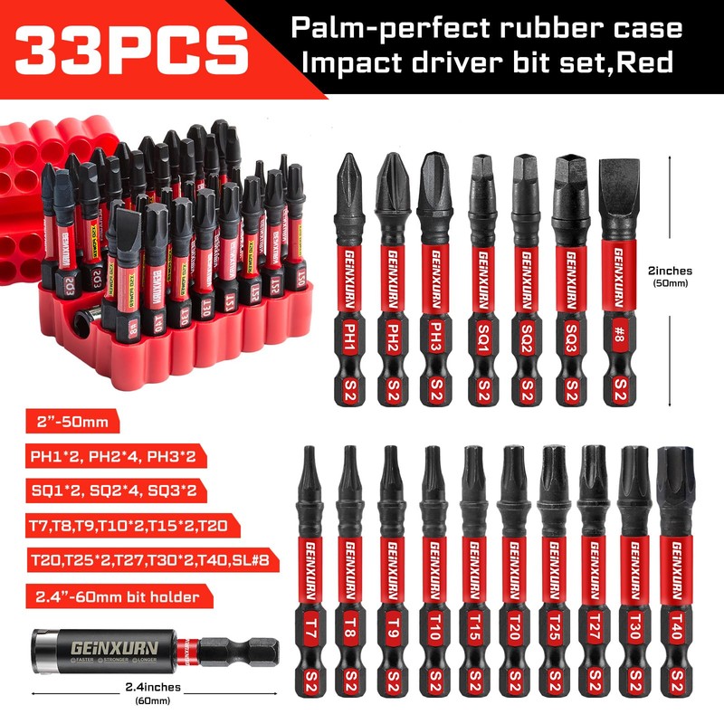 Geinxurn Impact Screwdriver Bits Set, 33 Pieces 2”Multi Head Magnetic
