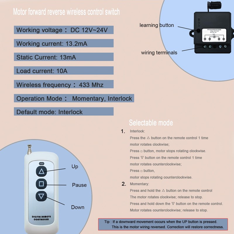 DC 12V-24V Wide Voltage Remote Actuator Controller Forward/Reverse Wireless Control