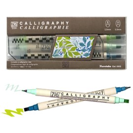 Kuretake Zig Calligraphy Dual Tip Marker Pens 3 colors set, KiwiMint, 2mm, 5mm, Double Tip, for Art, Sketch, illustration, Calligraphy, Journal, Drawing, Made in Japan