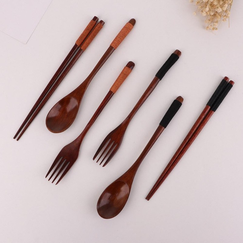 Cutlery 3PCS Fork Chopsticks Spoon Set Portable Tableware Chinese Wooden