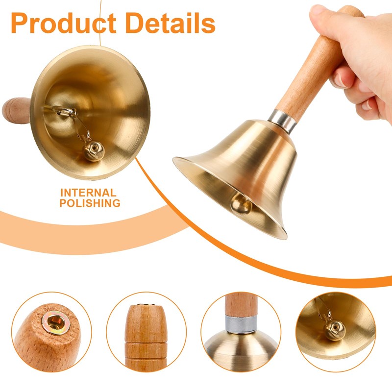 Super Loud Hand Bell, Metal Bells with Wooden Handle, Solid