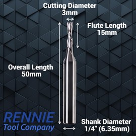 Rennie Tools - 3mm x 15mm Flute x 1/4"" (6.35mm) Shank Solid Carbide 2 Flute Down Cut Spiral Router Bit / Cutter Wood MDF Plywood. Compatible With Dewalt, Makita, Katsu, Bosch, Trend router etc
