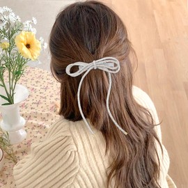 TUCEWP Rhinestone Bow Hair Clips Silver Sparkly Long Tail Hair Bow for Women Girls French Big Bling Ribbon Bowknot Spring Hair Clips for Curly Thick Hair Fashion Wedding Party Hair Accessories