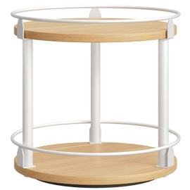 YATINEY Lazy Susan Organizer, Rotating Spice Rack, 2 Tier Spice Turntable Organizer, Industrial Turntable Spice Holder, for Kitchen Countertop, Compact and Versatile, White and Natural SR22WN