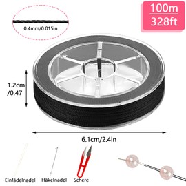 Deepton Waxed Cord for Bracelets, 0.4 mm x 100 m Bracelet Cord, Bead Cord with Scissors, Crochet Hook and Needle, Thread for Bracelets, Jewellery Making, DIY Crafts (Black)