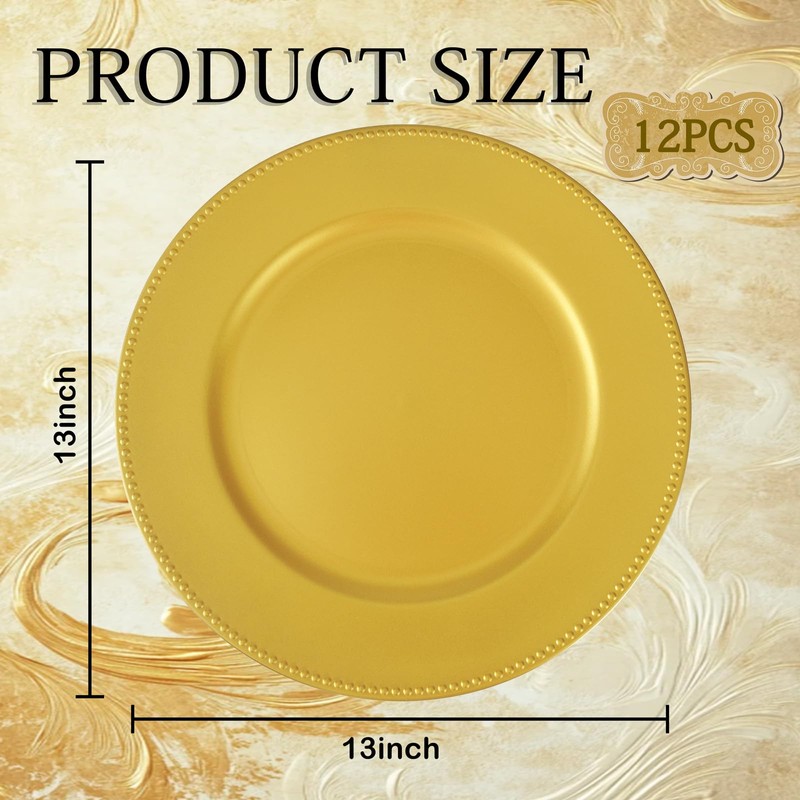 supernal 12pcs Gold Charger Plates,13inch Plastic Round Beaded Plates Decorative