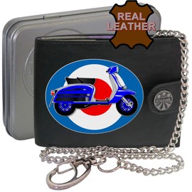 Klassek Scooter Moped Mods 60s Mod Mens Wallet with Chain Real Leather RFID Blocking with Coin Pocket and Metal Gift Box