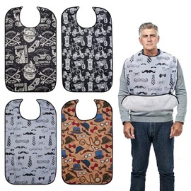 Paquete de 4 baberos para adultos para comer, baberos impermeables de 18 x 30 pulgadas para hombres con botones a presión y atrapa migas, protector de