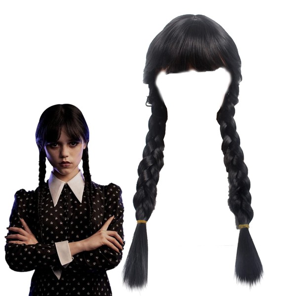Wednesday Addams Wig | Black Braided Wigs for Women Girls Wednesday Costume Wig with Bangs for Halloween Party Costume (with Bangs)