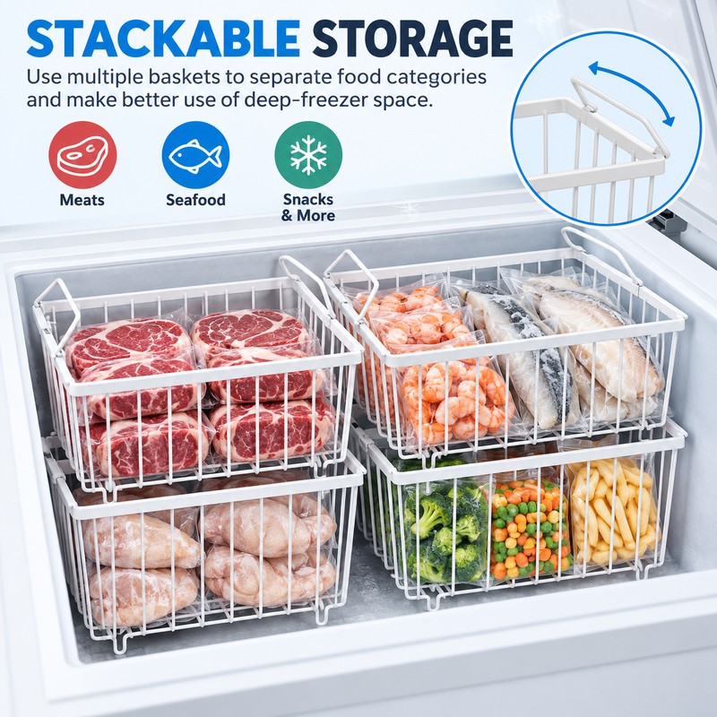 4 Pack Stackable Chest Freezer Organizer Baskets – Metal Wire