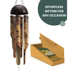 Nalulu Rustic Bamboo Wind Chimes - Outside Outdoor Wooden Windchimes, Large, Floral Burned Design with Coconut Crown, Handcrafted with Calming Deep Tones, Home Decor, Ideal Gift for Him & Her