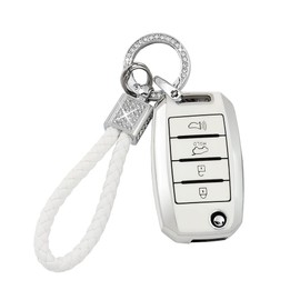 PIFOOG for Kia Key Fob Cover TPU White Silver 4 Buttons Keys Case Shell Protector Bling Keychain for Kia Sorento Optima Soul Sportage Niro Forte Rio Accessories Girly Women Men