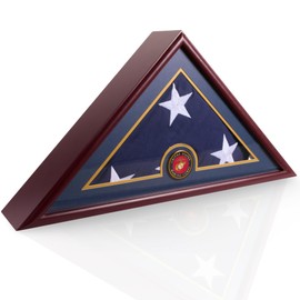 DECOMIL- 5x9 Flag Display Case Shadow Box Flat Base with Cherry Finish with Armed Forces Branch Emblems, Customize Option, Marine C.