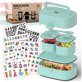 MOCADA® Bento Box with Handle for Children Including 216-Piece Sticker Set - BPA Free - Leak-proof Lunch Box with Cutlery & Compartments - Sustainable Non-Toxic Lunch Box for Nursery & School (Blue)