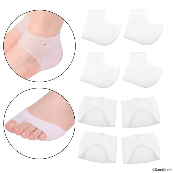Soft Silicone Sleeves - for The Heel and Ball of Your Foot - 2 Pairs of Each - Offers Protection, Comfort and Grip - Ideal for Pain/Friction/Pressure Relief - Sole/Heel Support - Adjustable Size