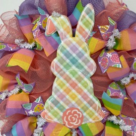 What A Mesh by Diana Plaid Pastel Bunny Handmade Deco Mesh Wreath