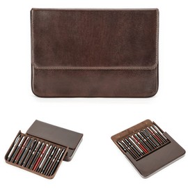 Hiram Leather 12 Pen Case Vegetable Tanned Leather Fountain Pen Storage Box with Hidden Magnetic Closure and Pen Compartment Design Pocket Organizer, coffee, Fountain pen case