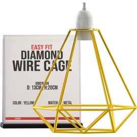 LEDSONE Modern Geometric Diamond Pendant Lampshade - Metal Wire Cage, Yellow, 13x20cm, Ideal for Living Room, Kitchen, Restaurant, Office