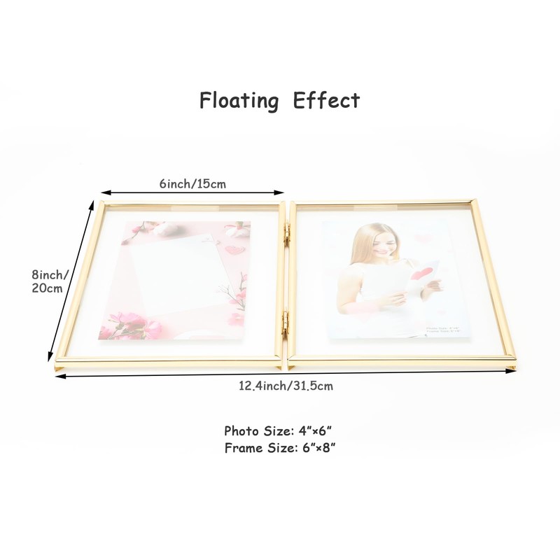 AhaGo Folding Dual Frame, Gold Floating Picture Frame, 6"×8", Vertical,