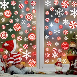 Christmas Window Clings, Christmas Peppermint Candy Window Decorations Stickers, Xmas Snowflakes Window Decals Decor for Glass Windows, Christmas Holiday Home Office Party Decorations