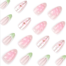 Press On Nails Medium Almond Shape – 24PCS Reusable Fake Nails with 3D Flowers, Pearls, Pink and Green French Tips, Glossy Stick On Nails for Women and Girls, Easy to Apply, Long Lasting