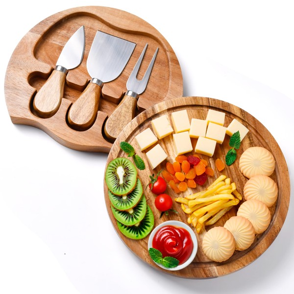 Round Cheese Board and Knife Set, Acacia Charcuterie Board Set and Cheese Serving Platter with Slide-Out Drawer, 7.8 inch Cheese Cutting Board for Entertaining, Picnic, Party, Hotel