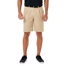 Haggar Men's Cool 18 Pro Straight Fit Pleated Front 4-Way Stretch Expandable Waist Golf Performance Short, Khaki, 38