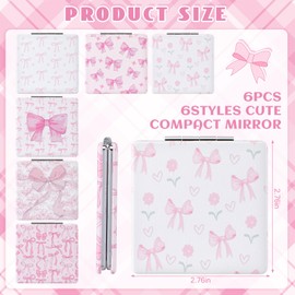 Chunful 6 Pcs Coquette Pink Bow Compact Mirror Bulk for Purse Small Pocket 1x/2x Magnifying Portable Makeup Double Sided Travel Mirror Aesthetic Preppy Gift for Women Girl Bridal Shower Party