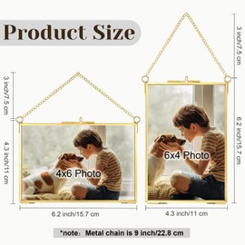 6 Pieces Pressed Flower Glass Picture Frames 6 x 4 Inch Brass Hanging Double Glass Frame Gold Floating Photo Frame Clear Horizontal Vertical Frames with Chain for Gallery Vintage Artwork Display