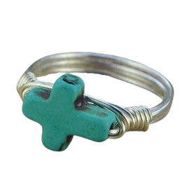 Turquoise Colored Cross Bead and Sterling Silver or Gold Filled Wire Wrapped Ring- Made to size 4-14