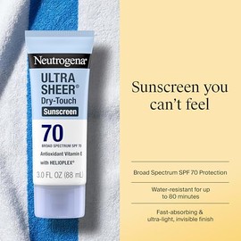 Neutrogena Ultra Sheer Dry Touch - Loción de protección solar SPF 70, amplio espectro, resistente al agua de 80 minutos, sin aceite, sin oxibenzona, n