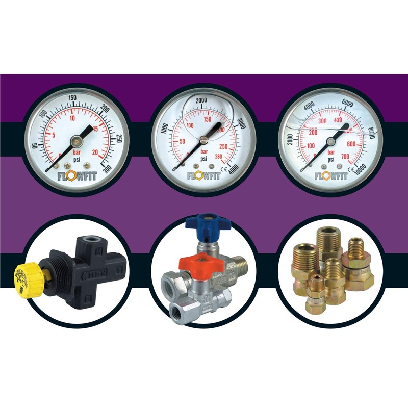 Flowfit Pneumatic Pressure Gauge, Dry, 40mm Dial Size, Rated for