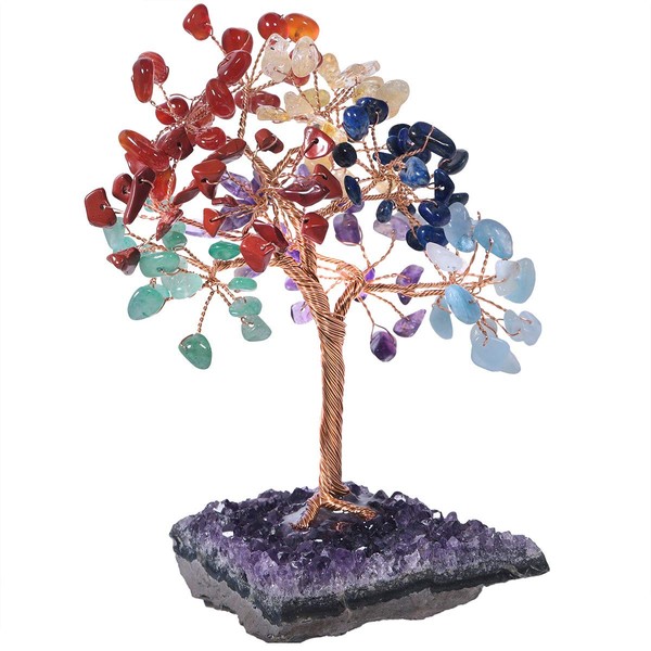 mookaitedecor 7 Chakra Crystal Tree with Amethyst Cluster Crystals Base