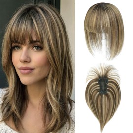 HOLFWALF Hair Toppers for Women Real Human Hair 4.5"x 3"Swiss Base Hairpieces, Human Hair Toppers for Women with Bangs (Medium Brown Mix Blonde with Dark Brown Root)