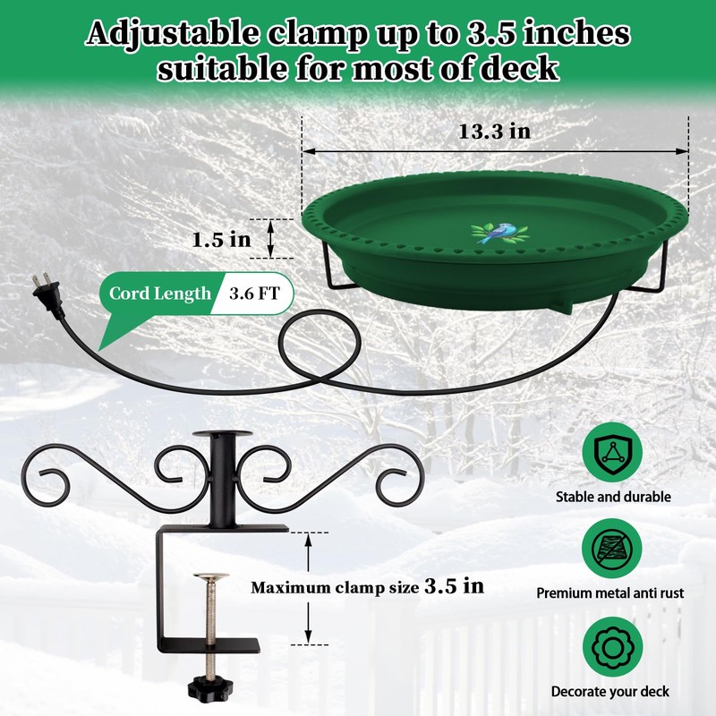 Lovppy Heated Bird Bath for Deck Railing, 100W Thermostatically Controlled