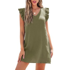 CUPSHE Beach Dress V Neck Cap Flutter Sleeve Swimwaer Casual Mini Cover Up Dress Olive Green, L