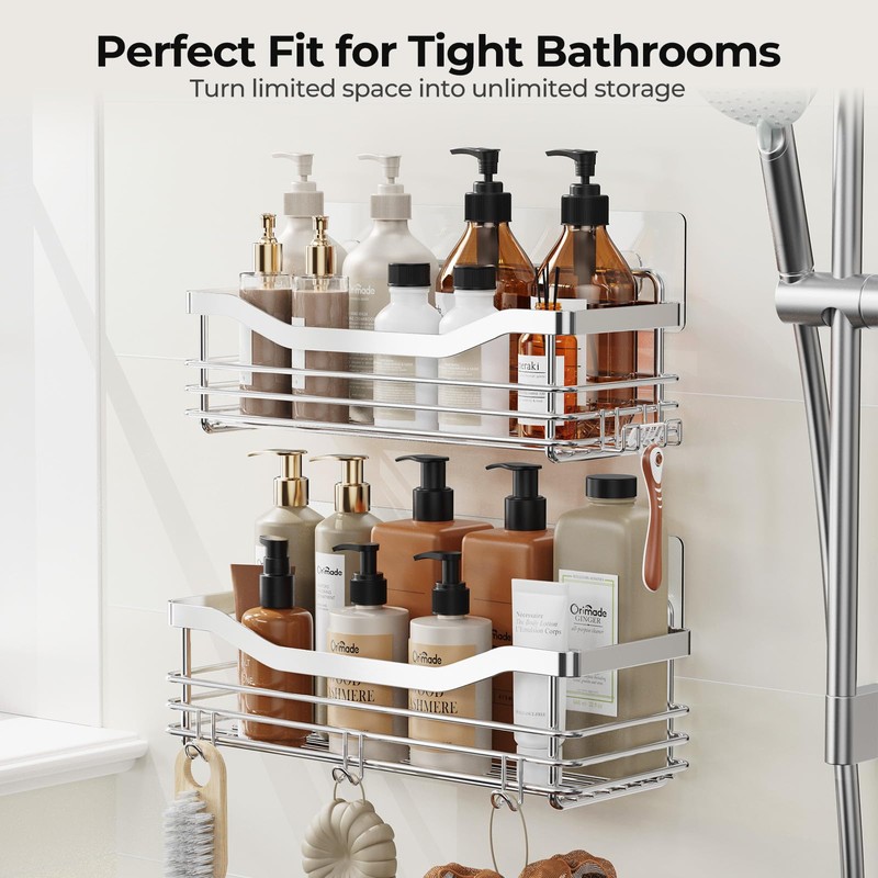 Orimade Shower Caddy Basket Shelf with 5 Hooks Adhesive Organizer