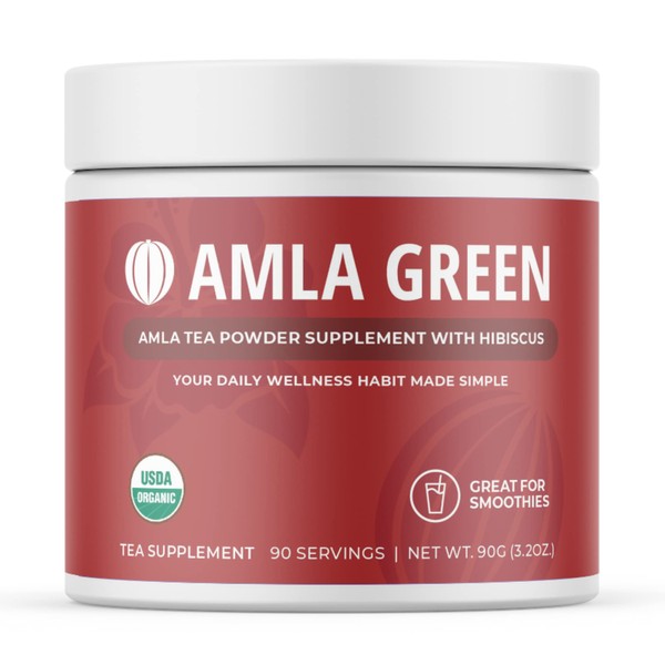 Amla Green Tea Superfood Powder Supplement, Daily Greens Antioxidant Blend with Organic Oolong Tea, 20x Concentrated Amla, Indian Gooseberries, Smooth Flavor, 90 Servings, Hibiscus