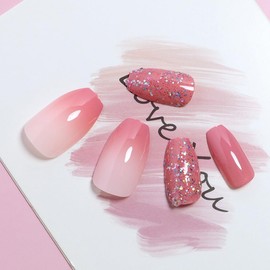 JUSTUSNX 24pcs Square Sequin Fake Nails Gradient False Nails Mid Length Press on Nails for Women and Girls (B)