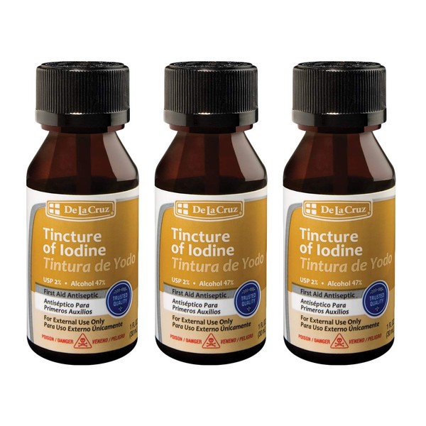 De La Cruz 2% Iodine First Aid Antiseptic, Made in USA 1 FL OZ (3 Bottles)