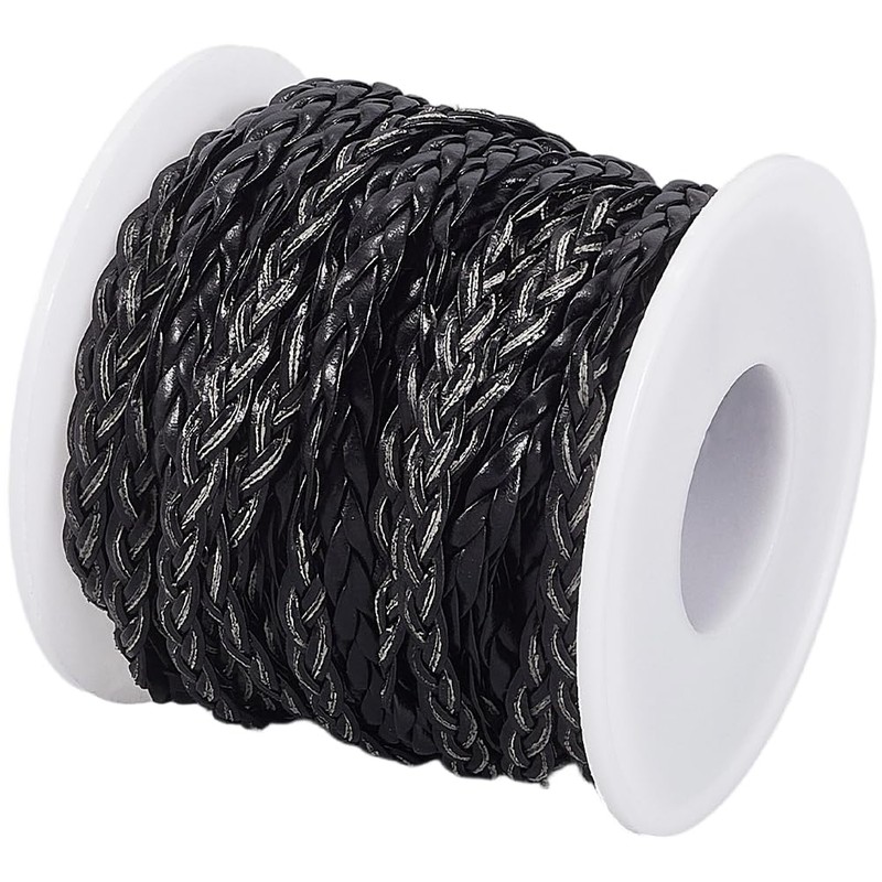 CALFOVERA 10.94 Yard 5MM Flat Braided Leather Cord Woven Black