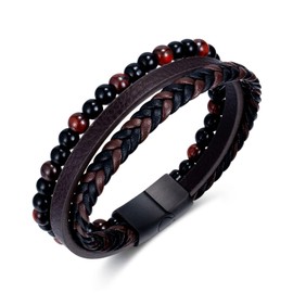 Rockyu Men's Bracelet, Leather, Brown, 3 Strands Bracelet, Braided Mala Bracelet, Anniversary, Gift Accessory, Leather