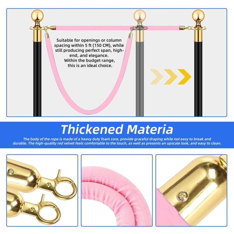 Mostantu 2 Pack Velvet Stanchion Rope, 5FT Crowd Control Safety