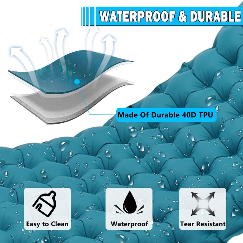I LITTON Blue Self-Inflating Sleeping Camping Mat with Built-In Pillow,